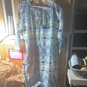 Dolma Blue and White Geometric Long Sleeve Dress